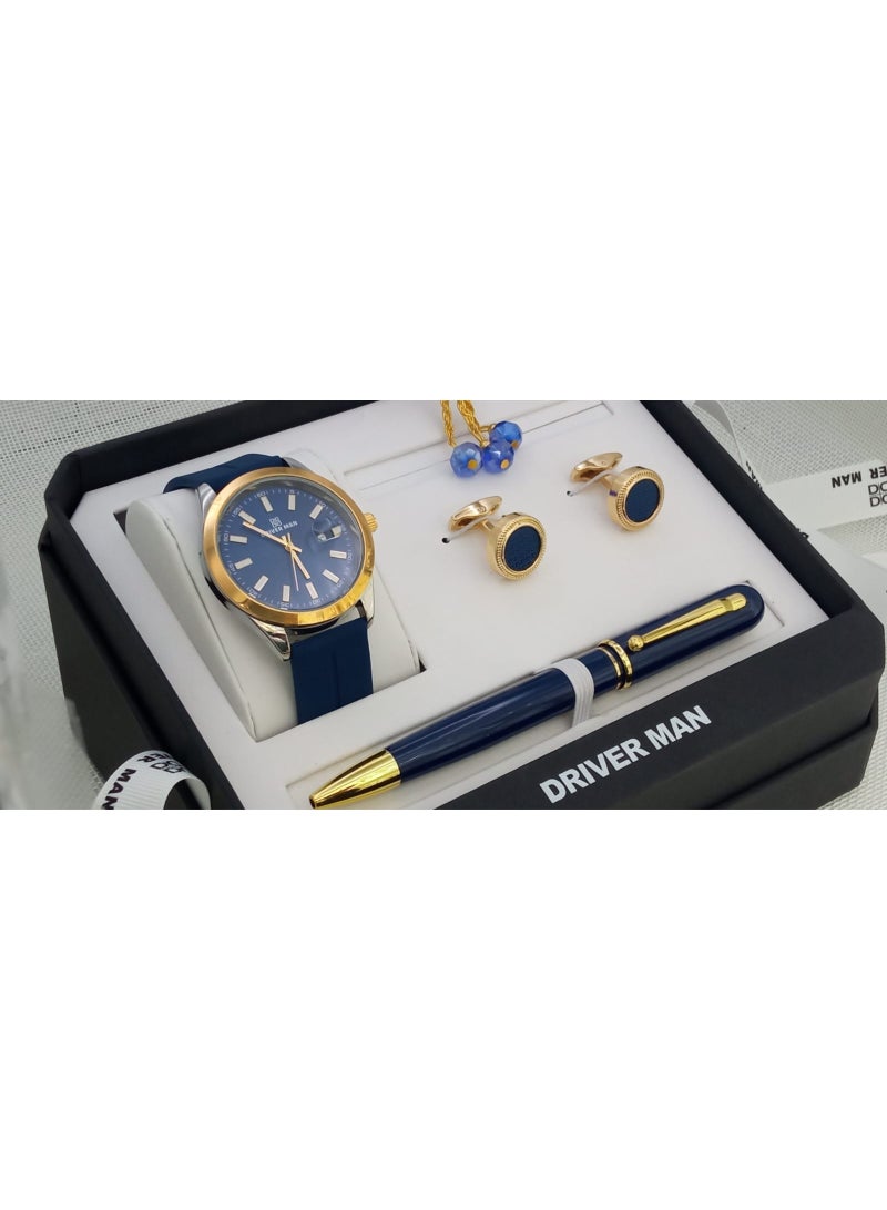 طقم رجالي من الستانلس ستيل مكون من ساعة وسبحة وقلم وازرار اكمام القمصان